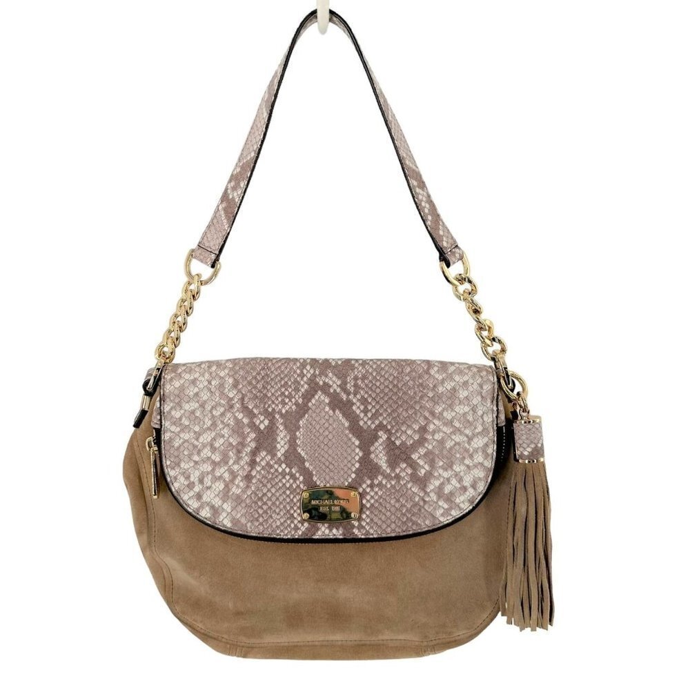 MICHAEL KORS Bedford Dark Sand Suede & Python Embossed Leather Shoulder Bag